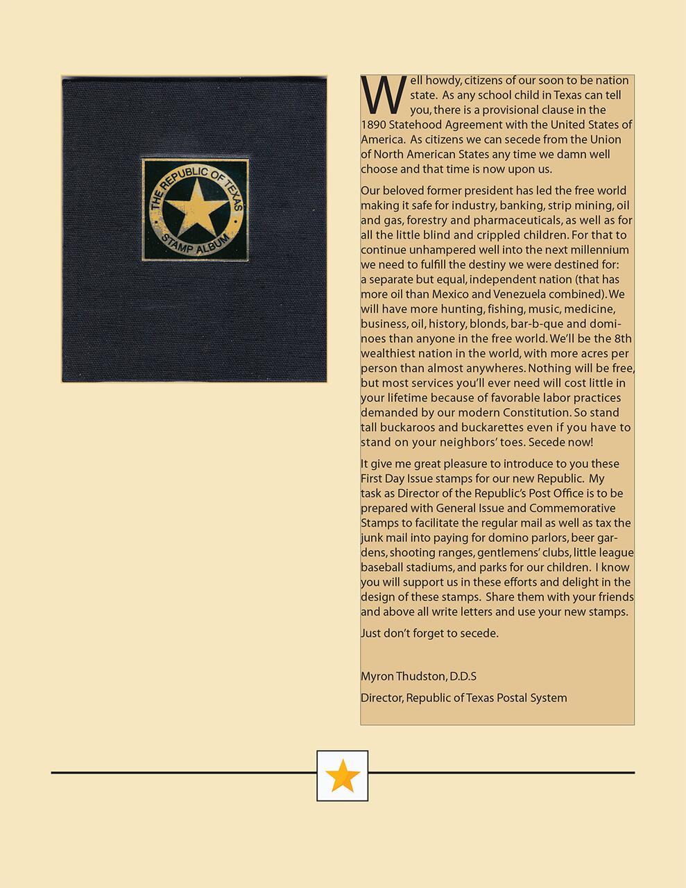 Republic of Texas Stamp Album cover with a yellow star logo on the left and a printed letter on the right. The letter discusses secession, independence, and stamps.