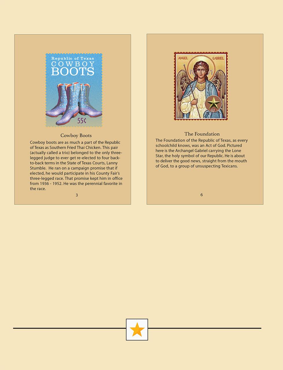 Stamp collection featuring a blue cowboy boots stamp with "Republic of Texas Cowboy Boots" and a 55¢ mark on the left, and an angelic figure labeled "Angel Gabriel" holding a Lone Star on the right. Beige background with text explaining each stamp.