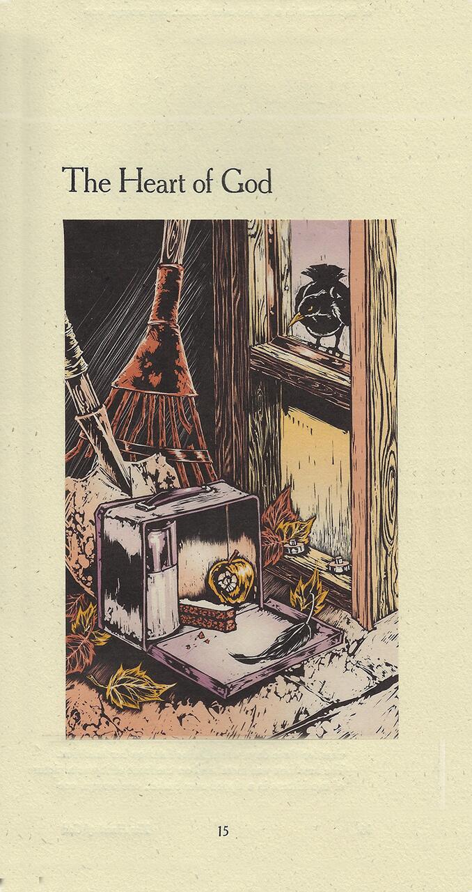 An illustration of a small wooden enclosure with a cracked heart inside, surrounded by autumn leaves. A crow sits on the window ledge, peering inside.