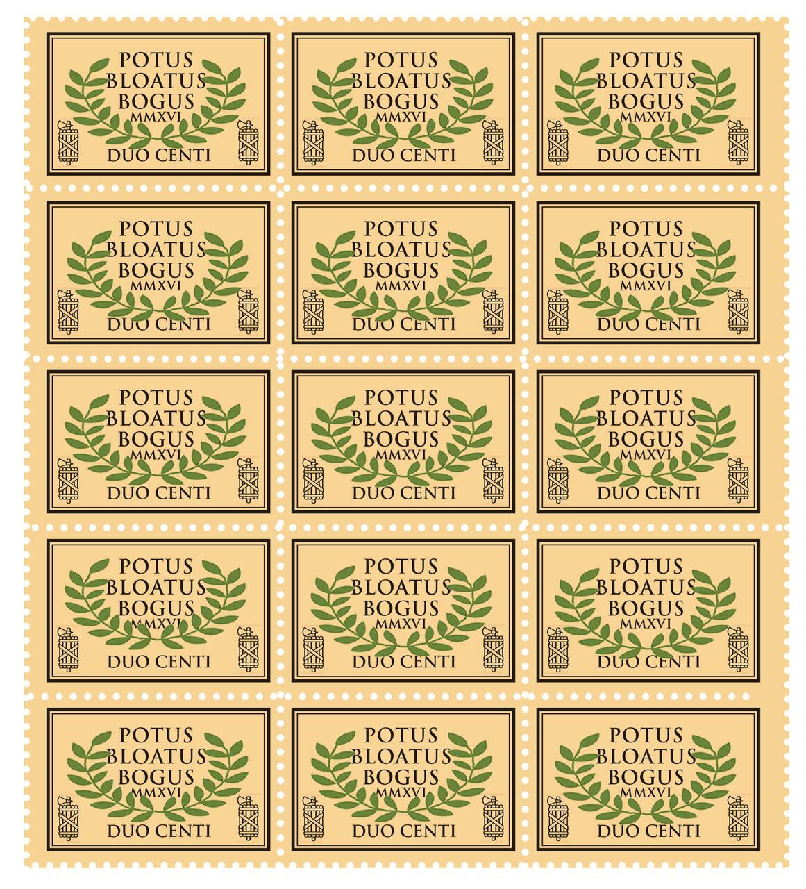 Sheet of decorative stamps featuring laurel leaves and text in Latin.