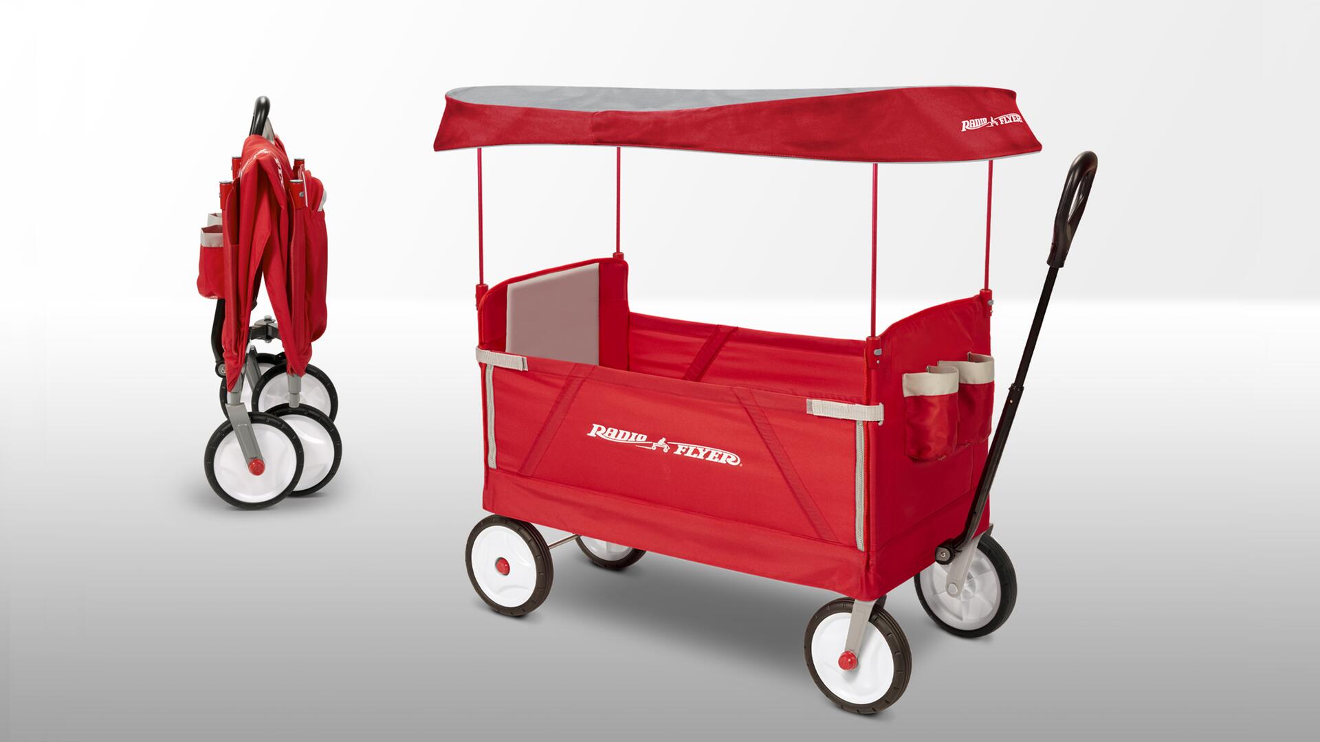 Red collapsible wagon with a canopy and four white wheels, shown unfolded on the right and folded on the left.