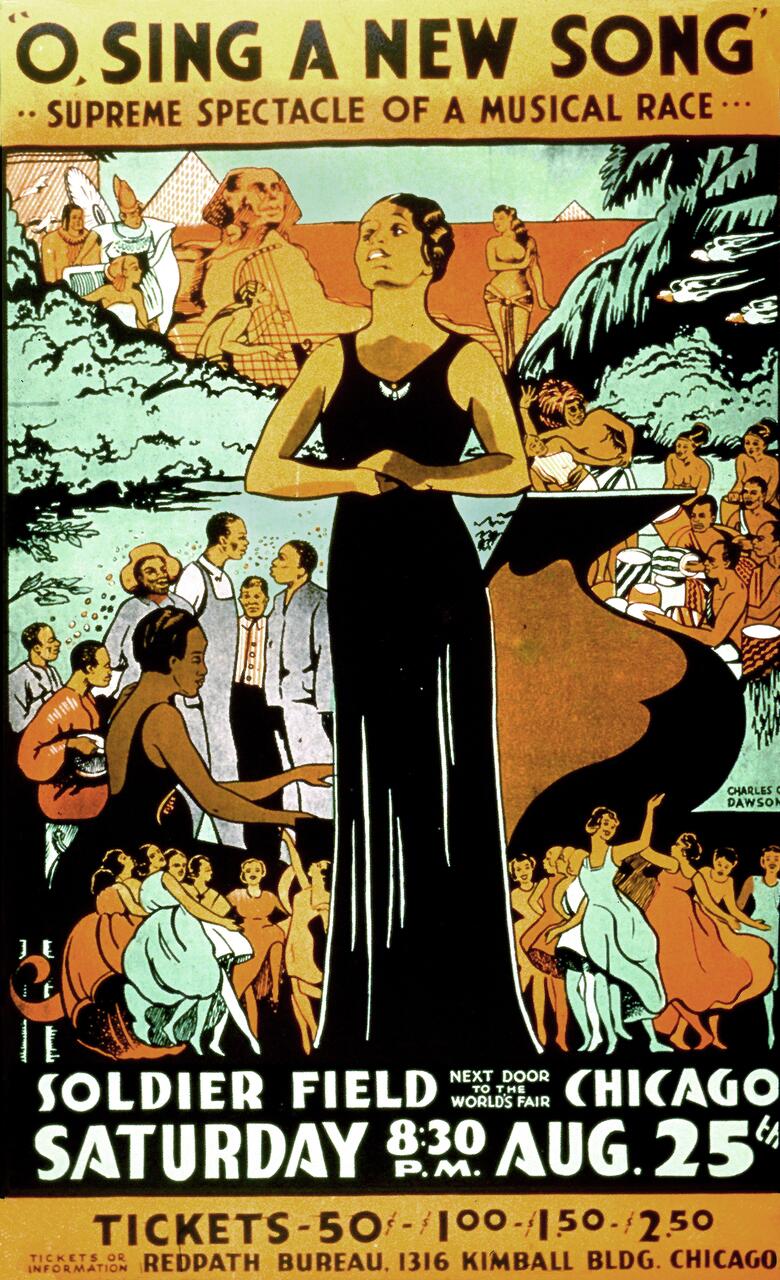 Art deco poster for "O Sing a New Song" at Soldier Field, Chicago. Central figure in a black dress with arms crossed, surrounded by people in colorful attire. Background features stylized trees and buildings. Vibrant hues convey energy and excitement.