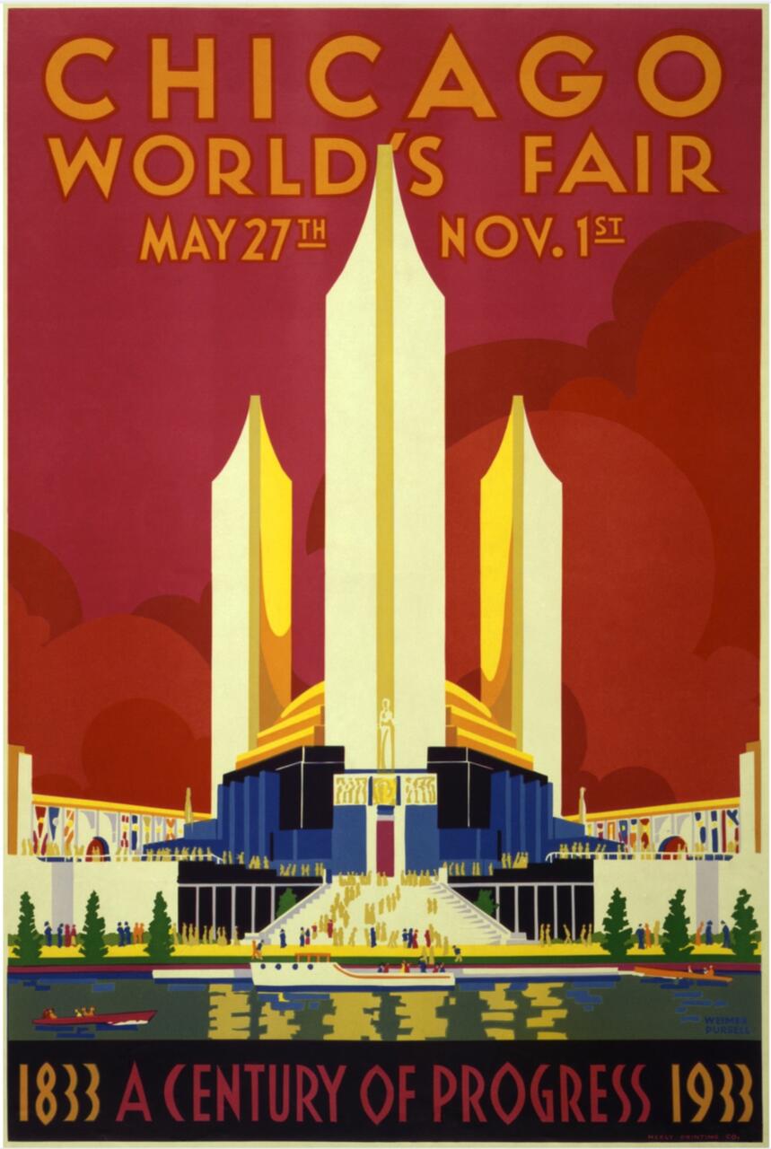 Art Deco poster for the 1933 Chicago World's Fair, featuring a stylized skyline with futuristic buildings and vibrant colors. Numerous small figures walk along steps and a waterway, conveying a sense of celebration and progress.