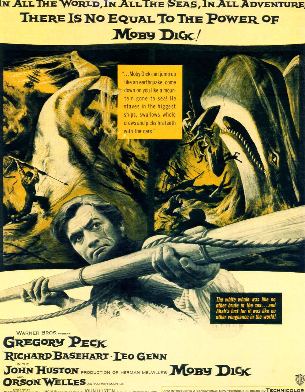 Vintage movie poster for "Moby Dick" featuring dramatic imagery of a large whale, a ship, and a determined man holding a harpoon. The poster has a yellow and black color scheme with cast and director credits at the bottom.