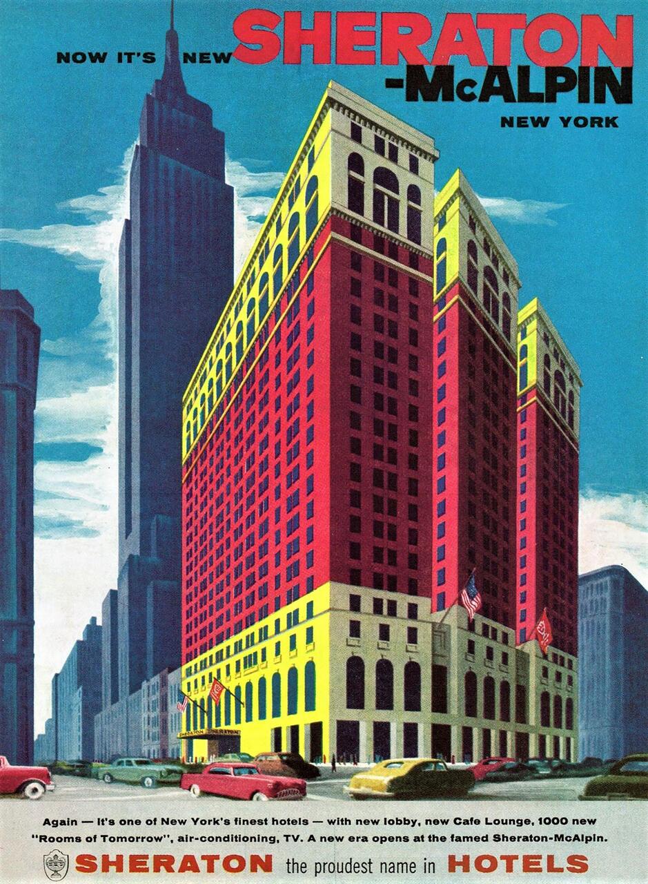 Vintage illustration of the Sheraton-McAlpin Hotel in New York. The building features a striking red and yellow facade, adorned with American flags. Classic cars are parked on the street, with skyscrapers in the background.