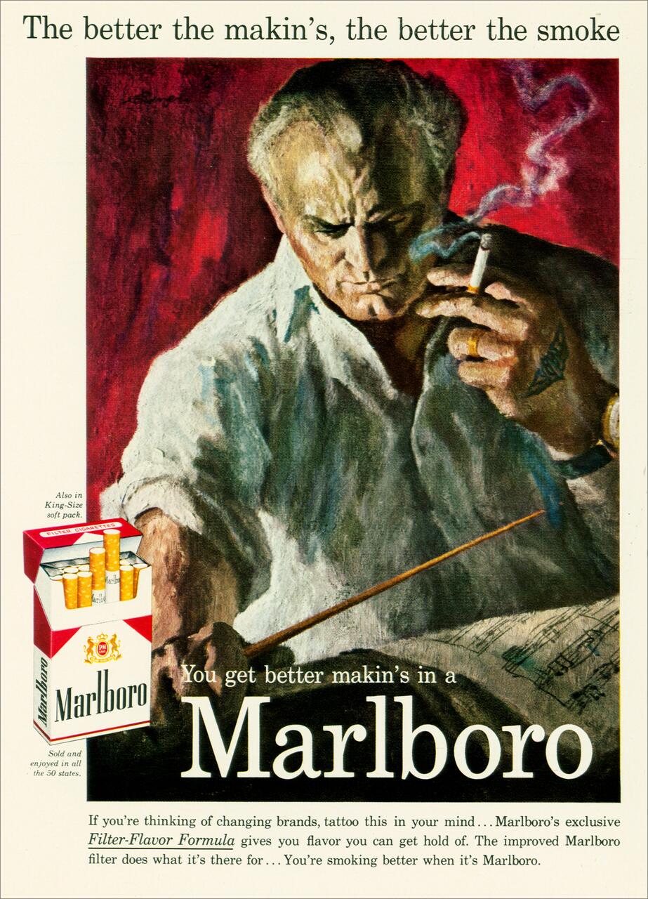 A vintage Marlboro cigarette advertisement featuring a man in a white shirt with a stern expression, holding a cigarette. There is a red background and a pack of Marlboro cigarettes in the corner. The text emphasizes the quality of the product.