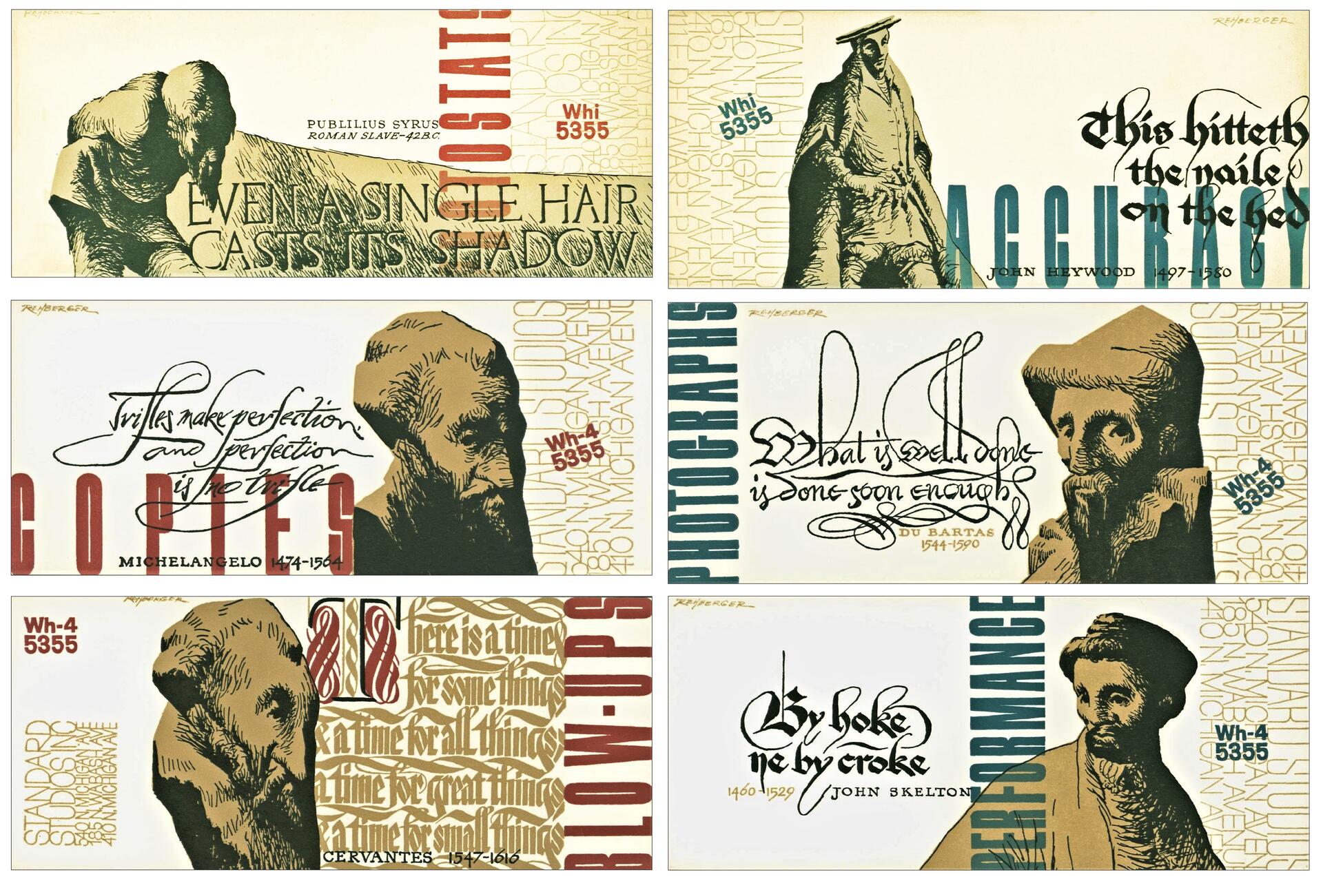A series of six graphic designs featuring quotes from historical figures such as Publilius Syrus and Michelangelo. Each design includes stylized text and illustrations of various figures against a cream background, with decorative typography and a mix of muted colors.