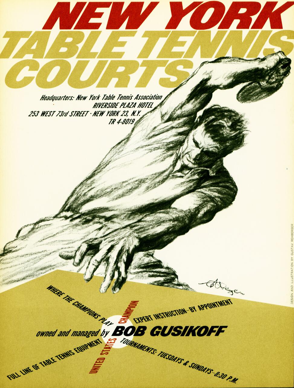 Illustration of a dynamic table tennis player mid-swing, with bold red and gold text promoting New York Table Tennis Courts.