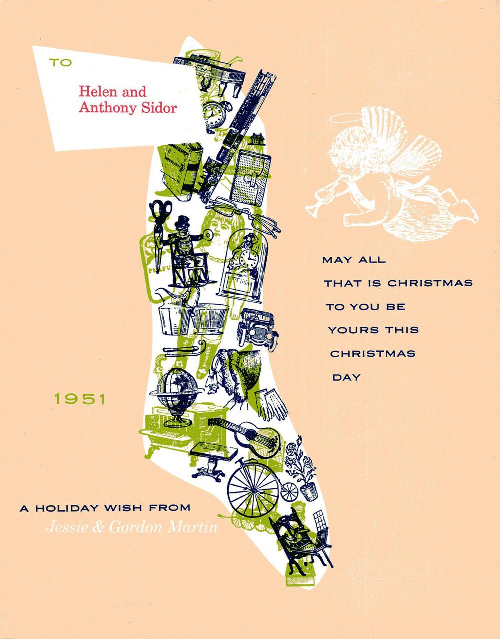 A vintage holiday card featuring an angel blowing a horn and a Christmas stocking filled with toys and decor items. The background is a soft peach color, with text conveying holiday wishes from Jessie and Gordon Martin, dated 1951.