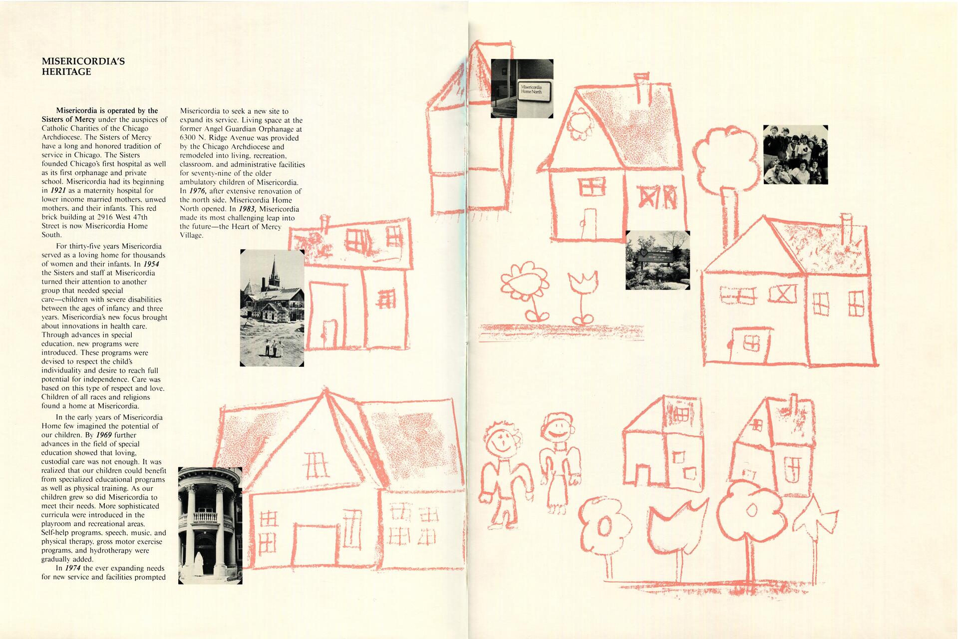 Brochure page with text about Misericordia's heritage, featuring simple red crayon drawings of houses, flowers, and people. Contains several small black-and-white photographs integrated into the illustrations.