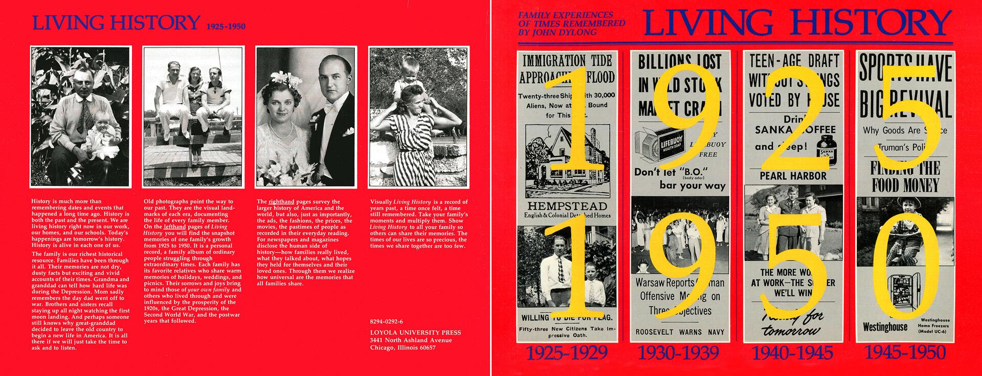 Red book cover titled "Living History 1925-1950" featuring black and white photographs of people in various settings. The cover includes large yellow numbers highlighting specific years.