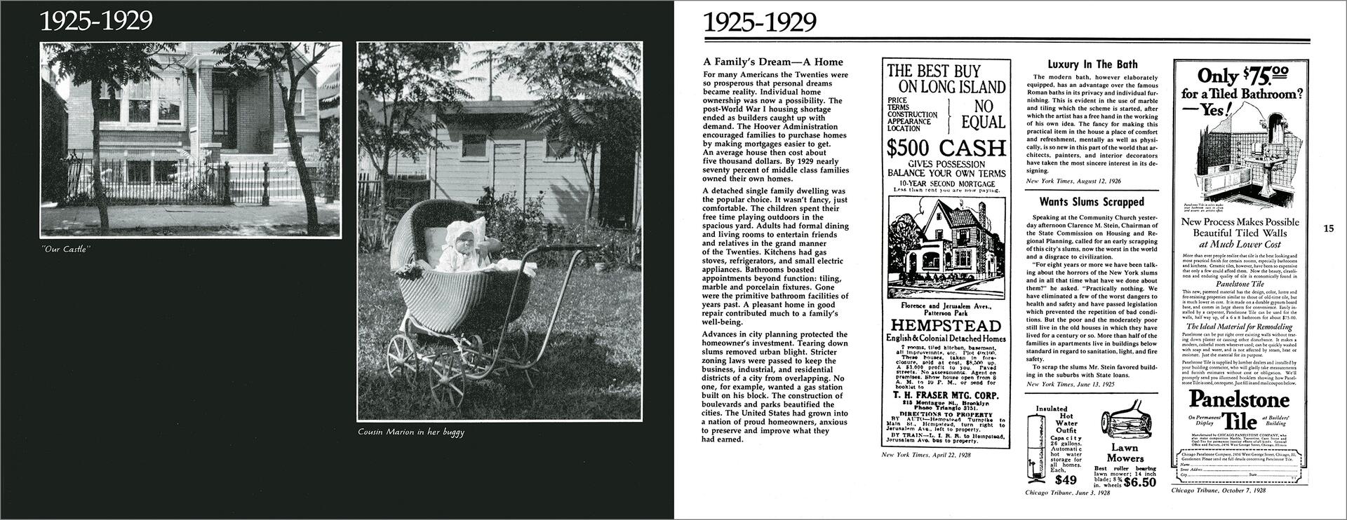 Black and white collage depicting 1925-1929. Left page shows a home and a baby in a vintage stroller labeled "Our Castle" and "Cousin Marion in her buggy." Right page contains text about housing, ads for homes, lawnmowers, and bathroom tiles.