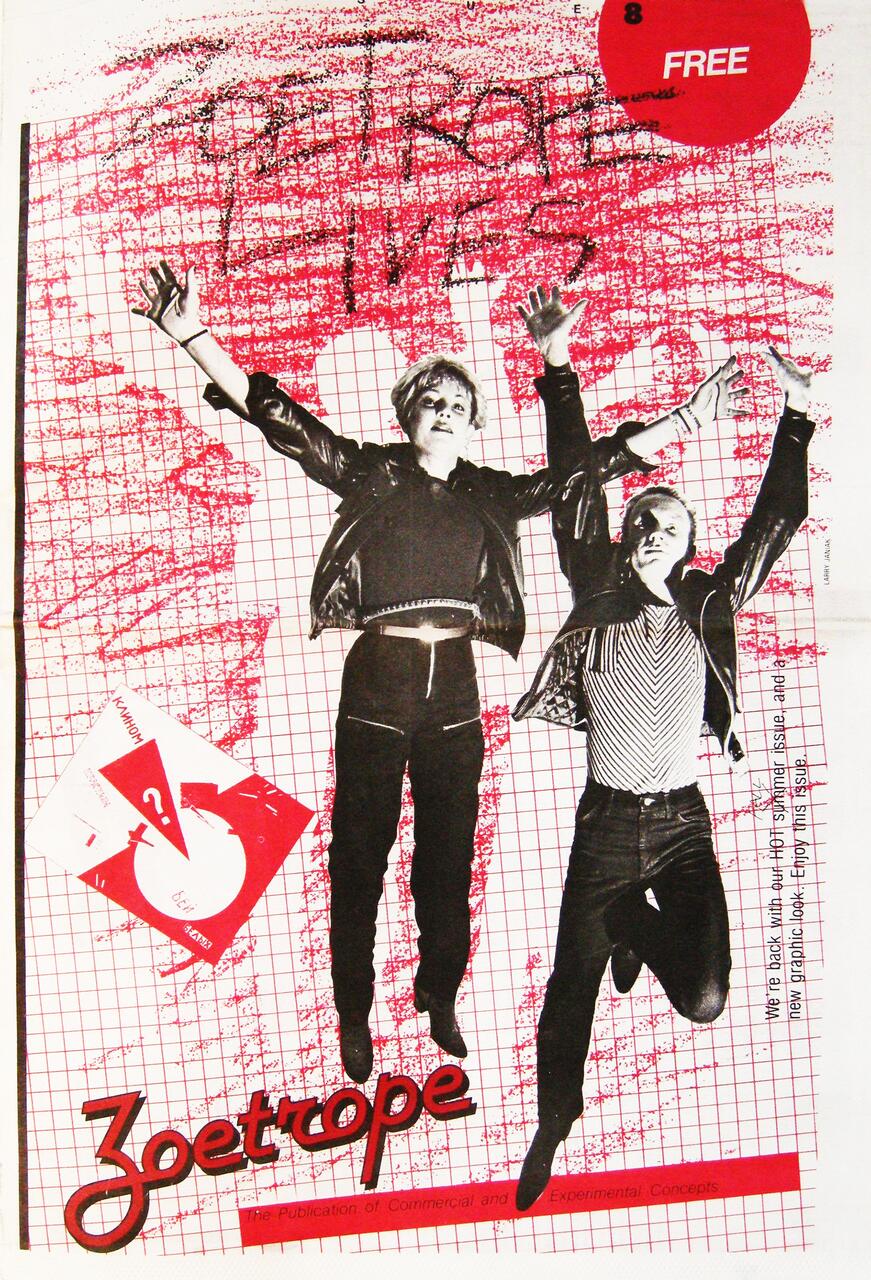 Two people in mid-jump, wearing black jackets, against a red grid background. The word "Zoetrope" is written in bold letters at the bottom. A large red circle in the top right corner reads "FREE."