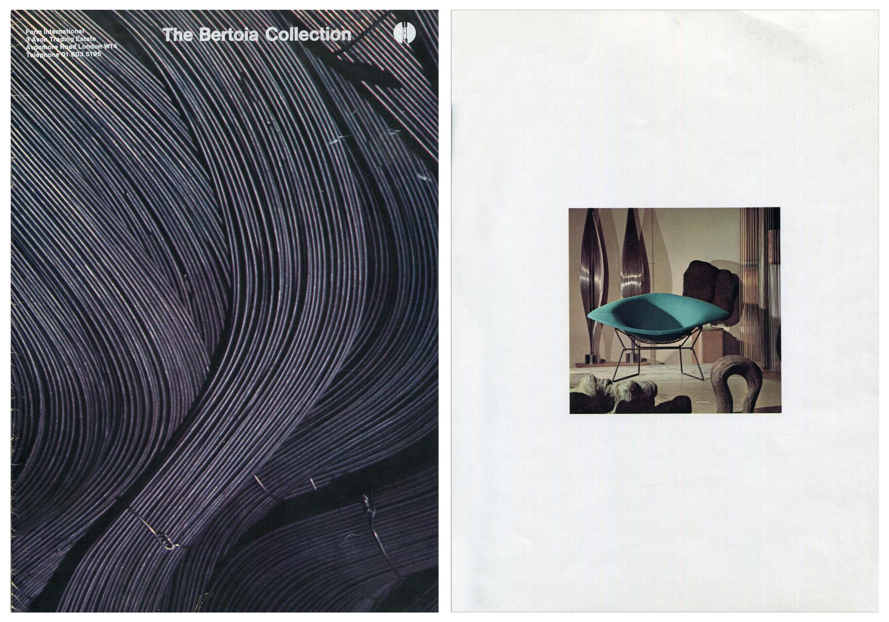Left: Abstract pattern with curved lines. Right: Photograph of a blue, mid-century modern chair in a room with sculptural decor.