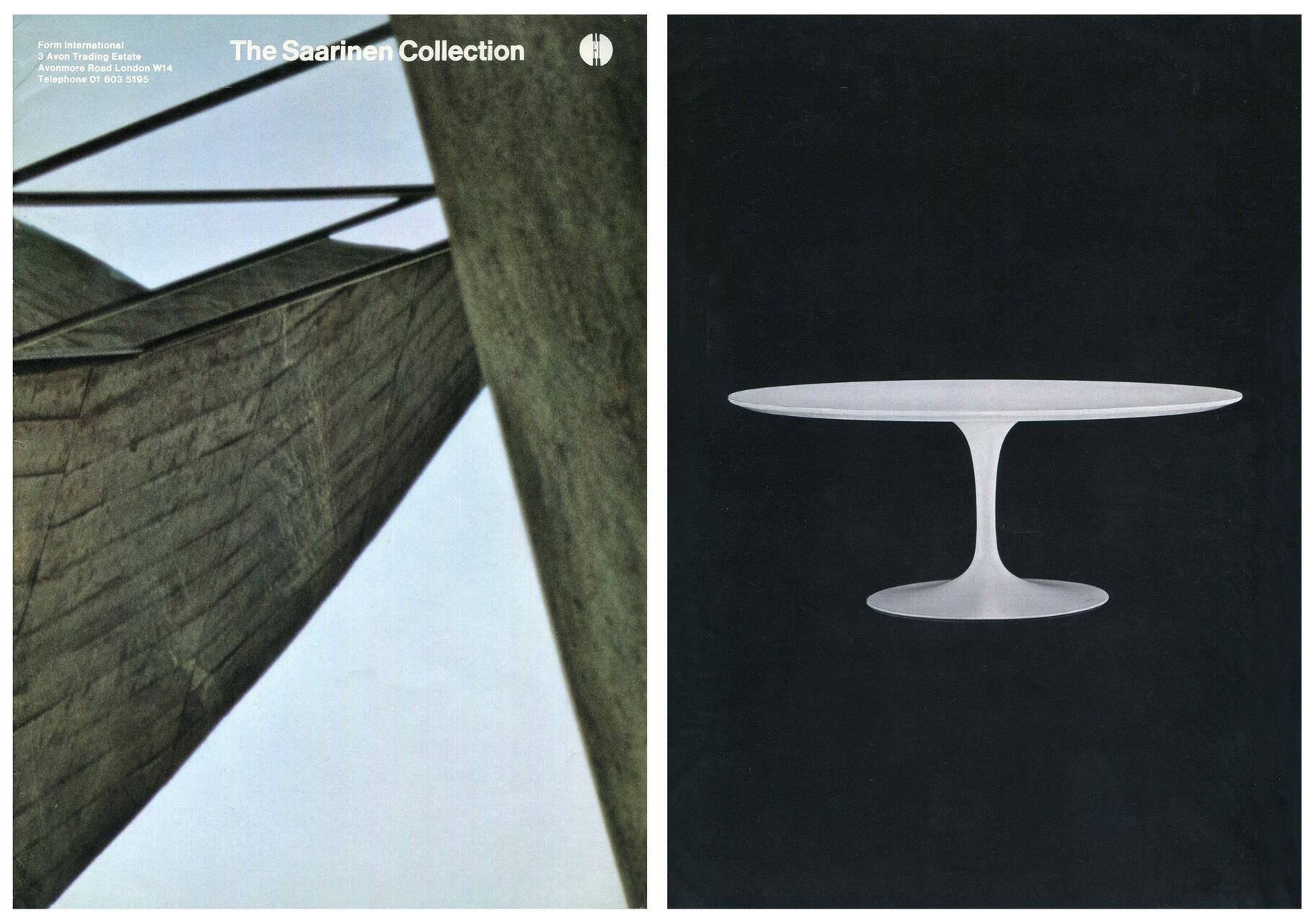 Left: Architectural structure with sharp angles against the sky. Right: White Saarinen Tulip table on a dark background.