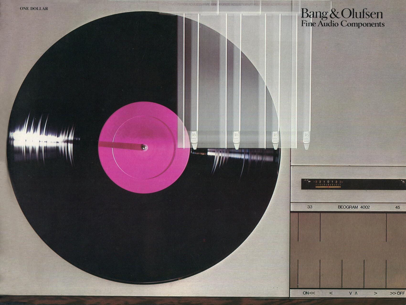 Turntable with a large black vinyl record featuring a bright pink label. The right side shows controls labeled "Bang & Olufsen Fine Audio Components" with a sleek, minimalist design.