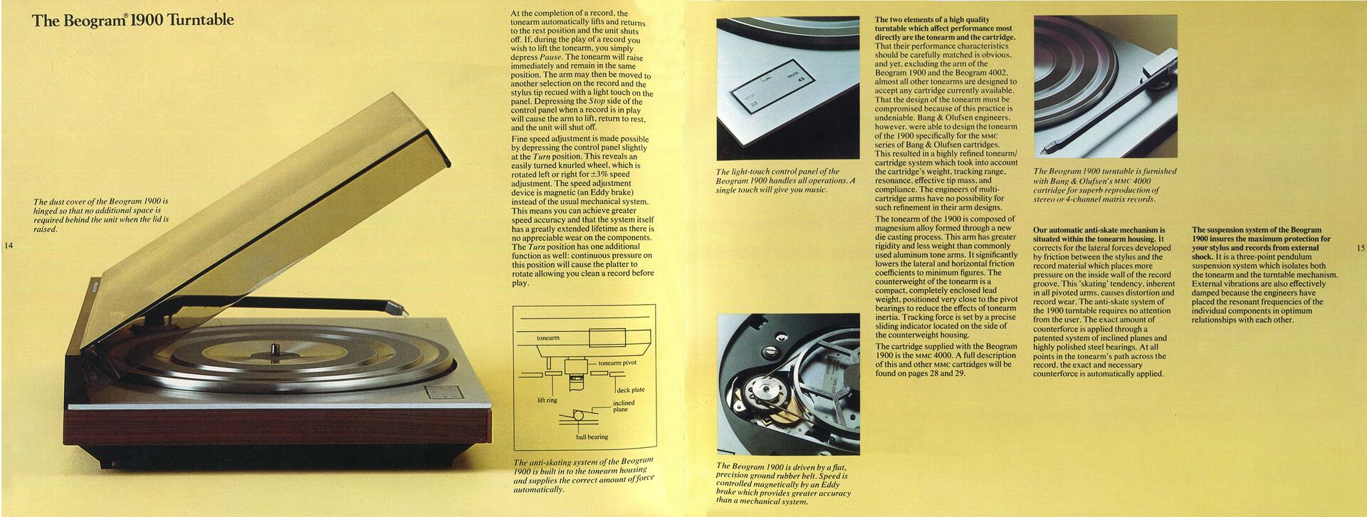 Turntable with a raised dust cover on a yellow background. Various details about the turntable, including a light-touch control panel, are shown with text describing the features and technical specifications. Additional images show close-ups and diagrams.