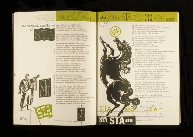 Open book with text and artistic typography featuring the letters "STA" in various styles. The right page shows an illustration of a rearing horse. Accents of green and black on white pages with text and decorative elements.