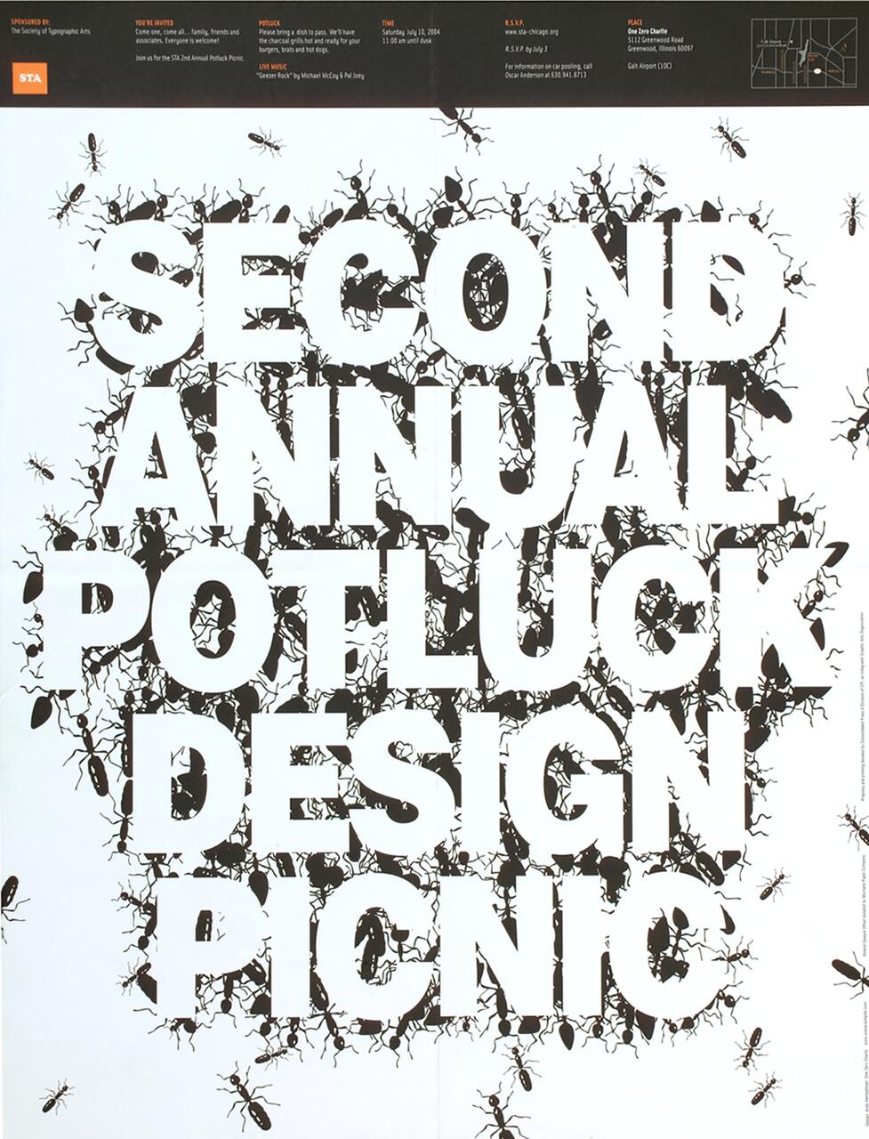 Text "Second Annual Potluck Design Picnic" overlayed on black ant silhouettes against a white background.