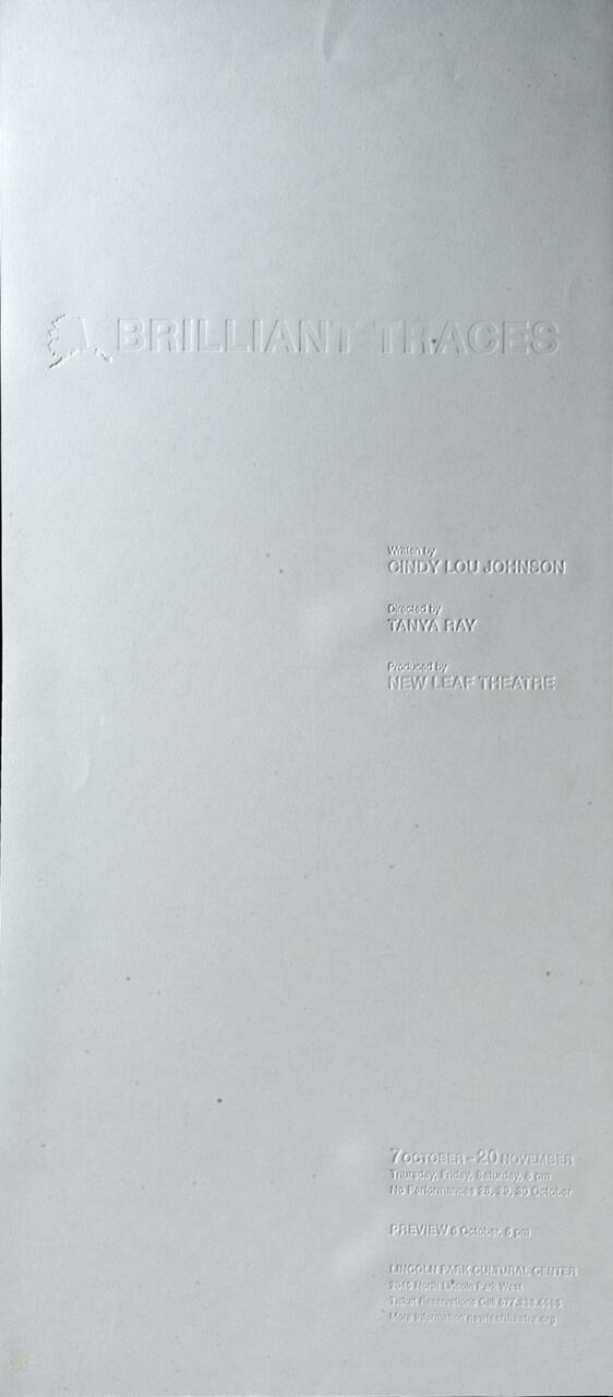 Embossed text on a gray background with details about a theatrical production, including writer, director, and venue information.