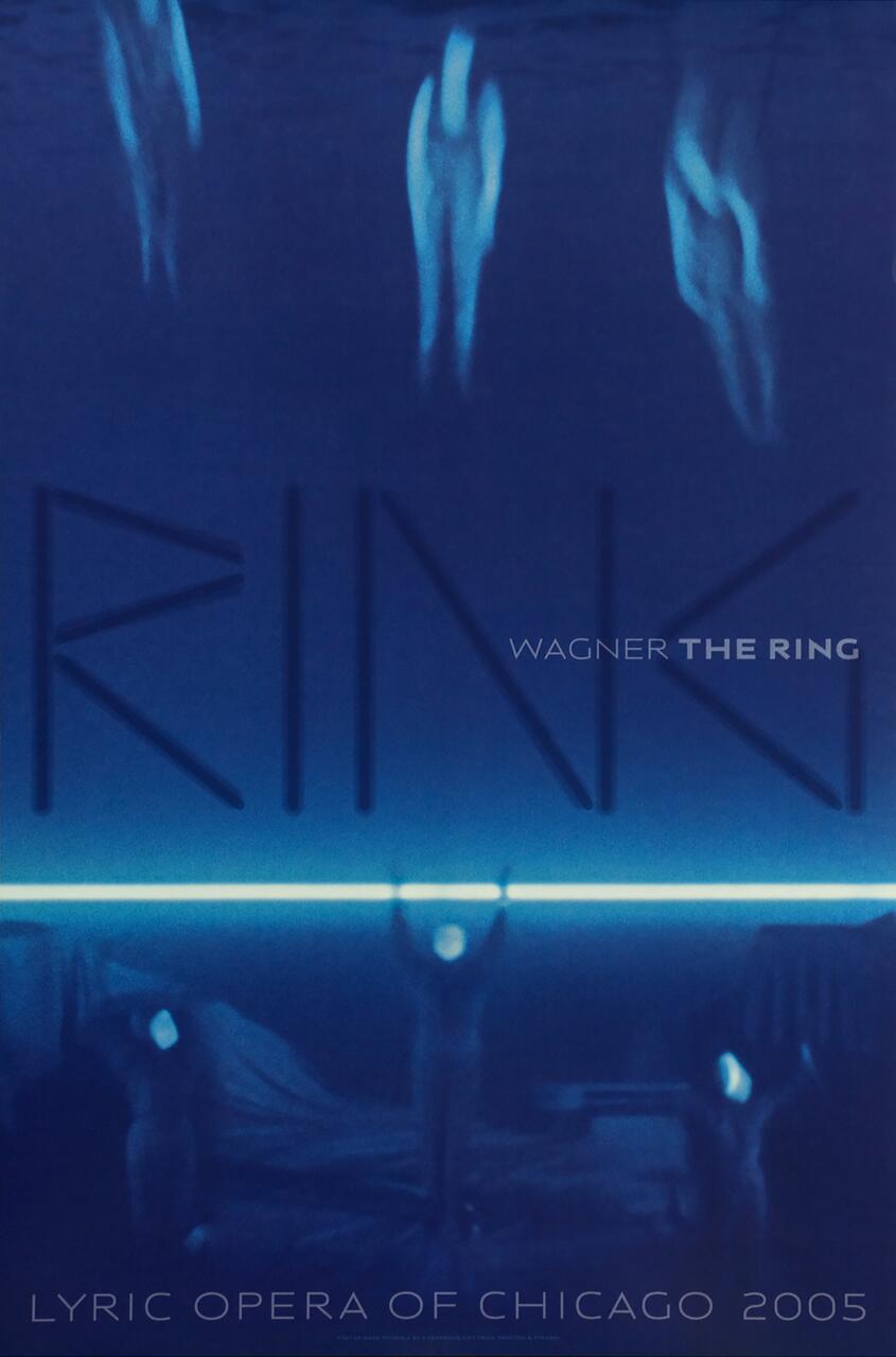 Abstract blue poster for Wagner's "The Ring" at the Lyric Opera of Chicago, 2005. Features human figures in dynamic poses with a glowing horizontal line across their midsections.