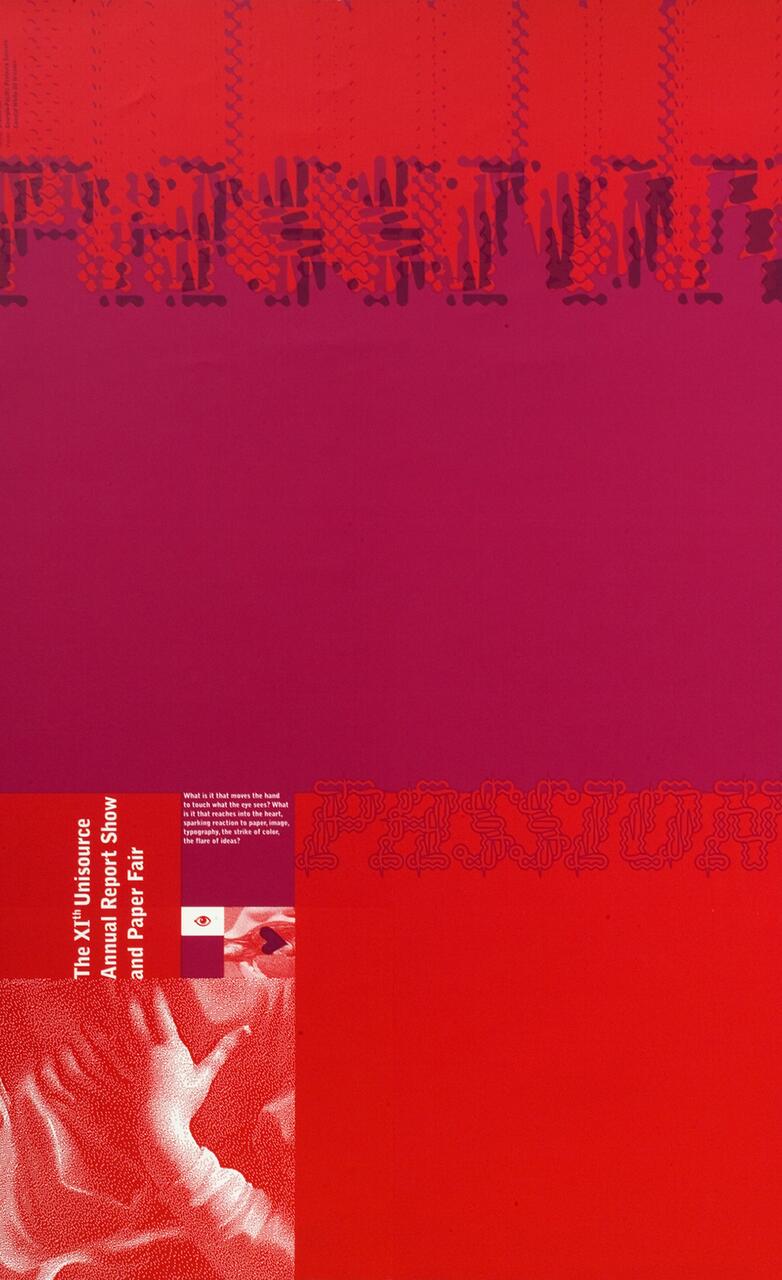 Abstract graphic with a red and magenta gradient background, featuring intricate patterns and lines at the top. A small section on the left shows a stylized hand in red tones with text beside it.