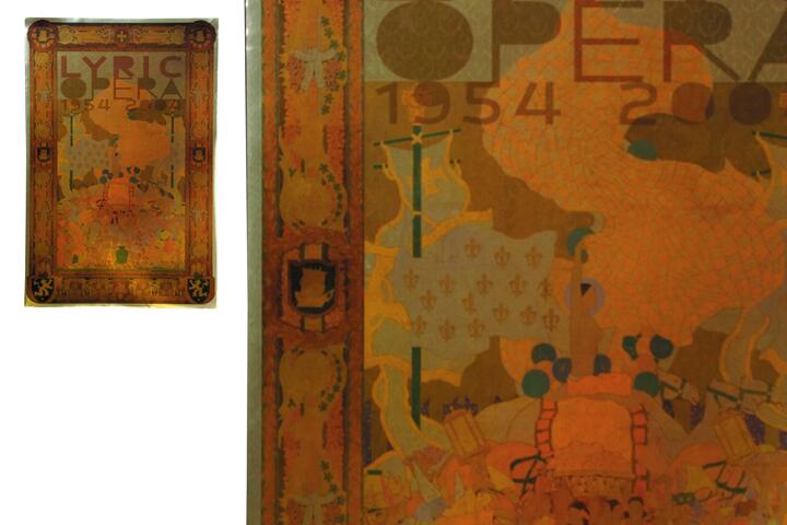 Colorful opera poster with abstract patterns in orange, yellow, and blue tones, featuring decorative borders and text. The words "Lyric Opera 1954" are visible.