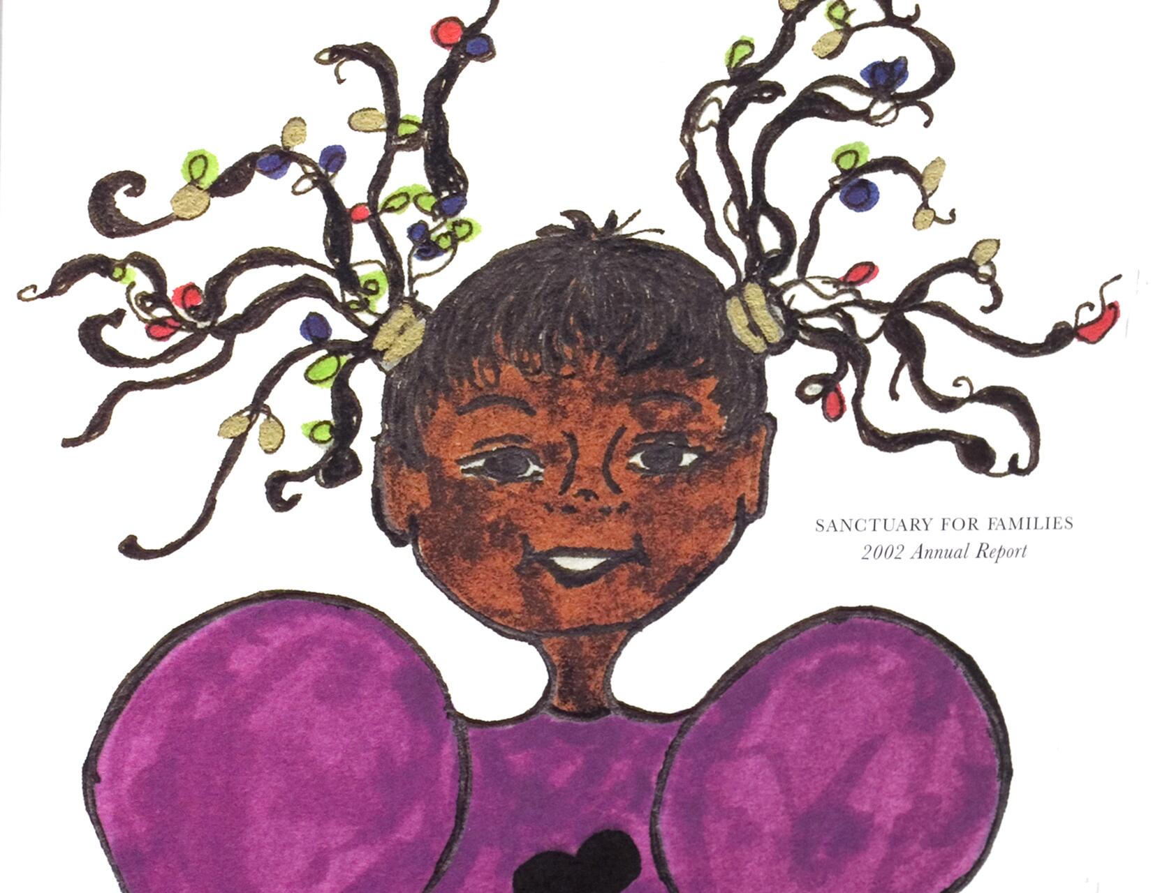 Smiling child illustration with curly hair adorned with colorful beads, wearing a purple dress with puffy sleeves.