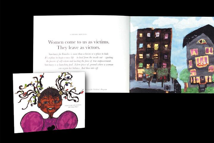 Open book with a painting of two buildings on the right and a page with text on the left. Overlaid is a smaller illustration of a smiling child with colorful twists in their hair, wearing a purple shirt, on a white background.