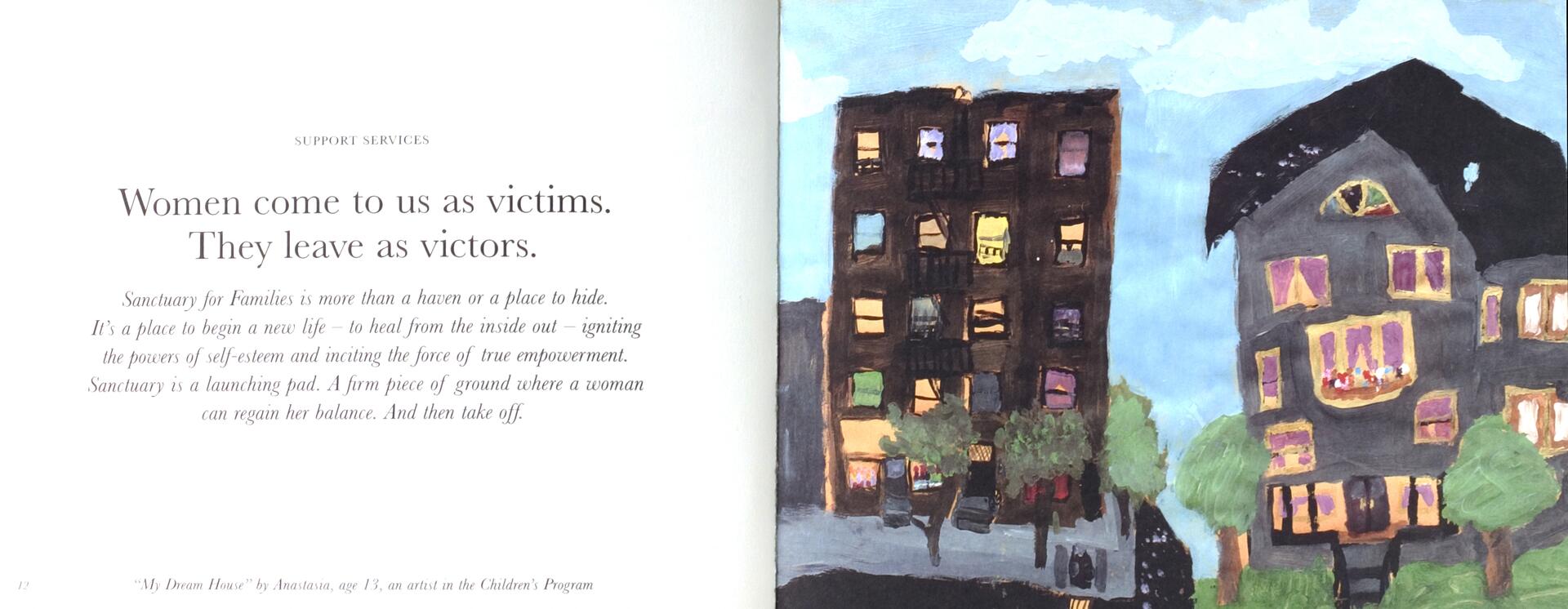 Text on the left reads a message about empowerment from Sanctuary for Families. On the right, a colorful painting by a child depicts tall brown and gray buildings with multicolored windows under a blue sky, surrounded by green trees.