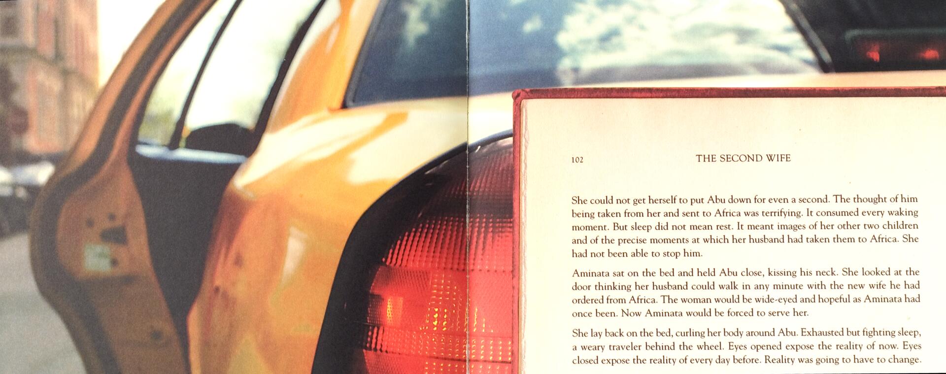 Open taxi door beside a close-up view of a page from a book titled "The Second Wife," text visible.