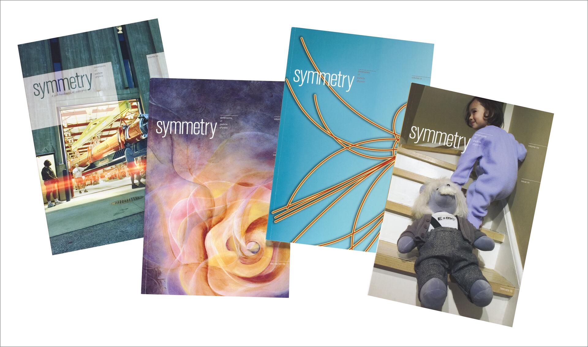 Four colorful magazine covers titled "symmetry." They depict an industrial scene, abstract pastel art, orange curves on a blue background, and a child with a plush toy on stairs.