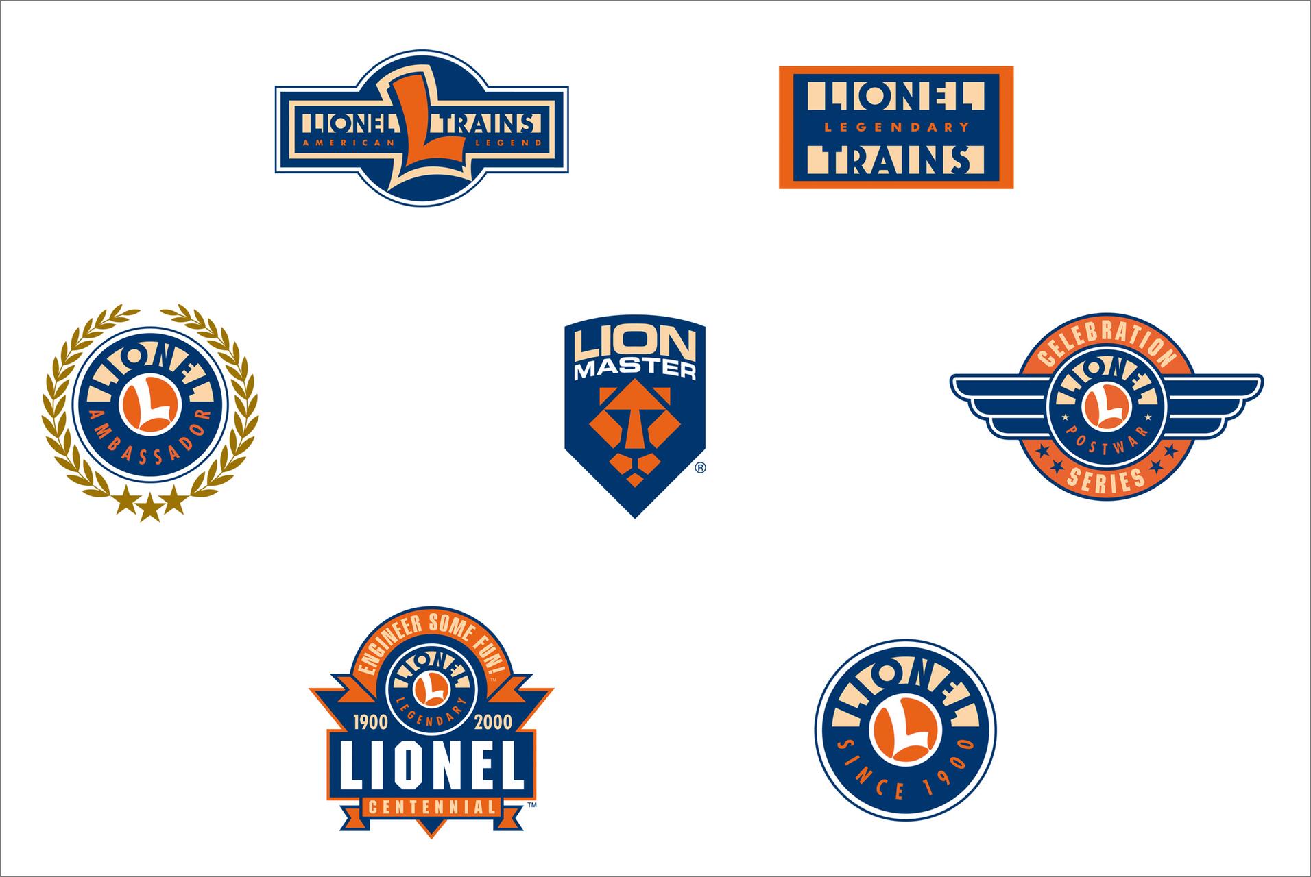 Seven logos featuring the word "Lionel" in various designs and colors, primarily blue and orange. Each logo includes different elements such as wings, laurel wreaths, or lion imagery, representing various Lionel series and themes.