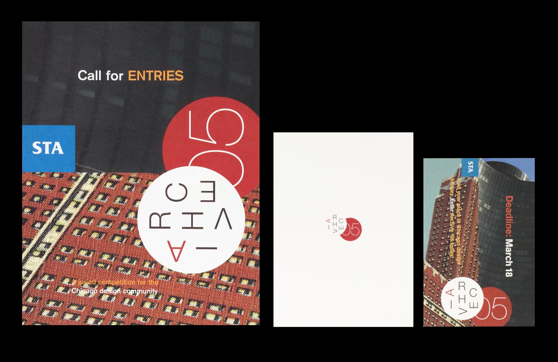 Three graphic design pieces featuring red and white circular logos with "ARCHIVE 05" text. The largest includes a patterned fabric background. The postcard shows a city building, and the third is a simple white sheet with a small logo.