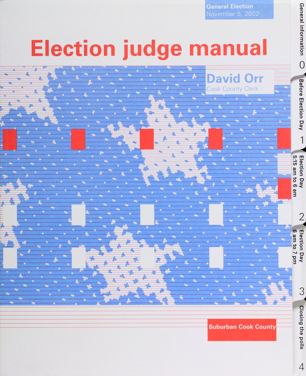 Election judge manual cover with a blue and white patterned background, red text, and red rectangles. Tabs on the right side list sections, with "General Election November 5, 2002" at the top.