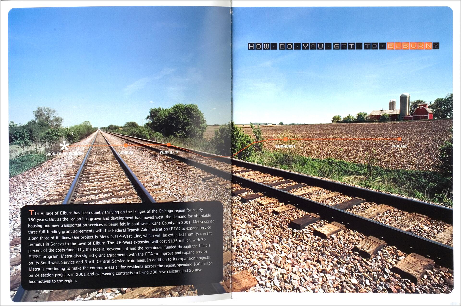 Wide view of railroad tracks stretching into the distance under a clear blue sky. Fields and trees line the sides, with a barn and silos visible on the right. Text labels identifying Elburn, Geneva, Winfield, Elmhurst, and Chicago are overlaid.