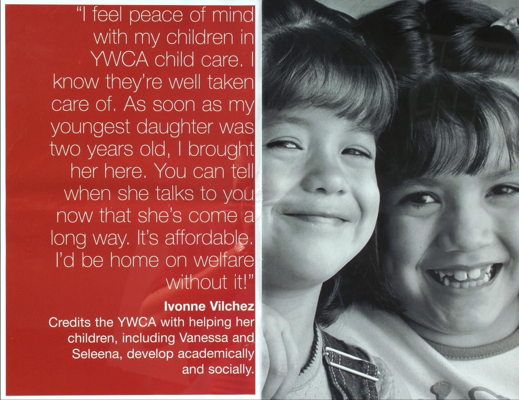Black and white photograph of two smiling young girls with bangs. The left side of the image is filled with red text detailing a testimonial about the benefits of YWCA child care.