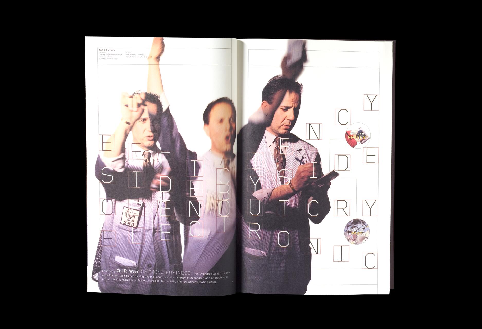 Two men in business attire on a magazine spread; one is gesturing with his hand raised, the other writing in a notepad. Overlaid letters form abstract words. Some badges and multi-colored circles are visible on the right page.