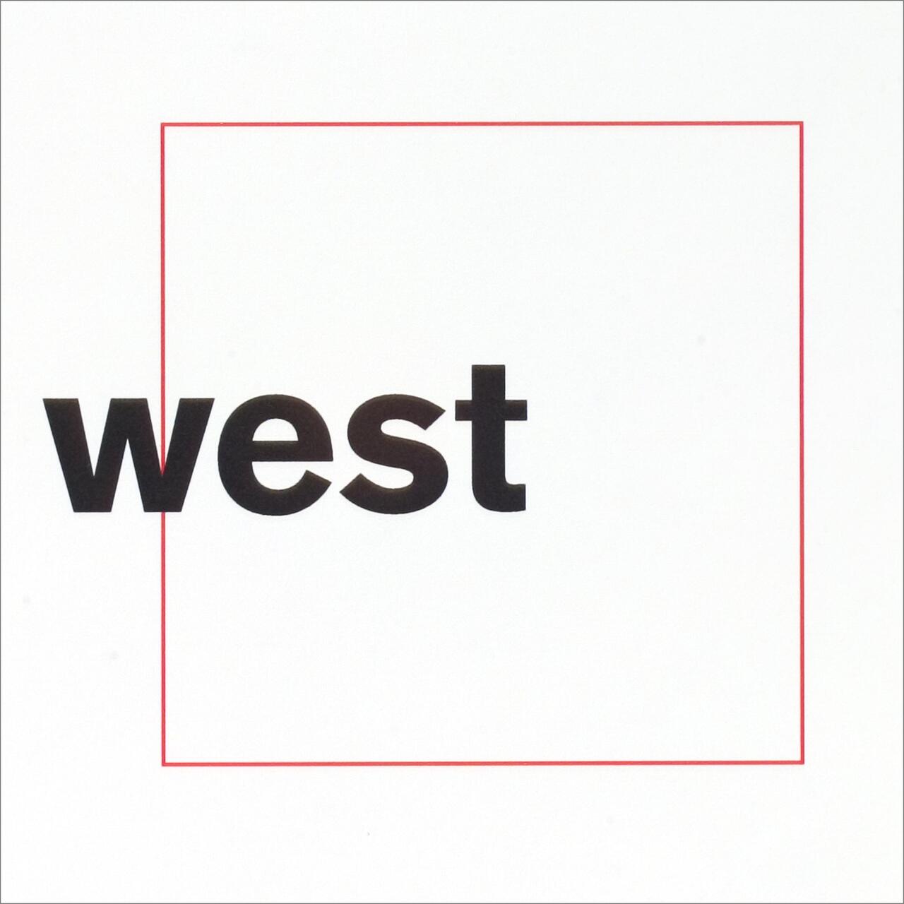 The word "west" in bold black letters inside a thin red square on a white background.