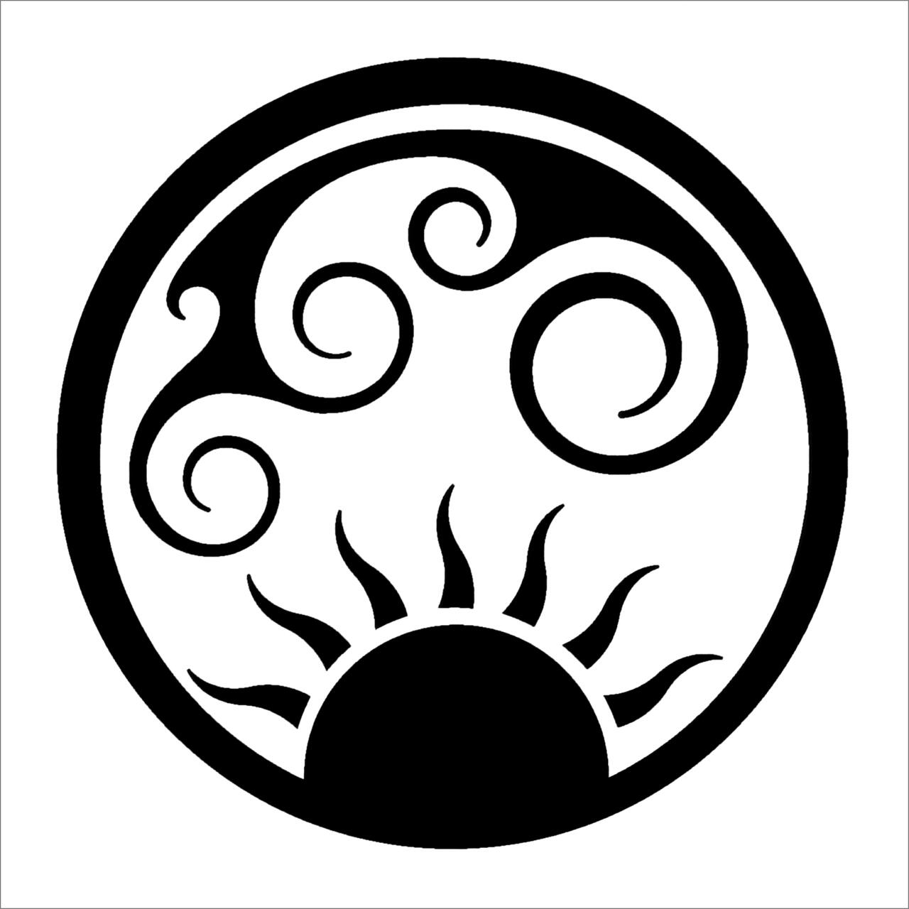Black circular emblem with swirly clouds above a rising sun, depicted in bold lines.