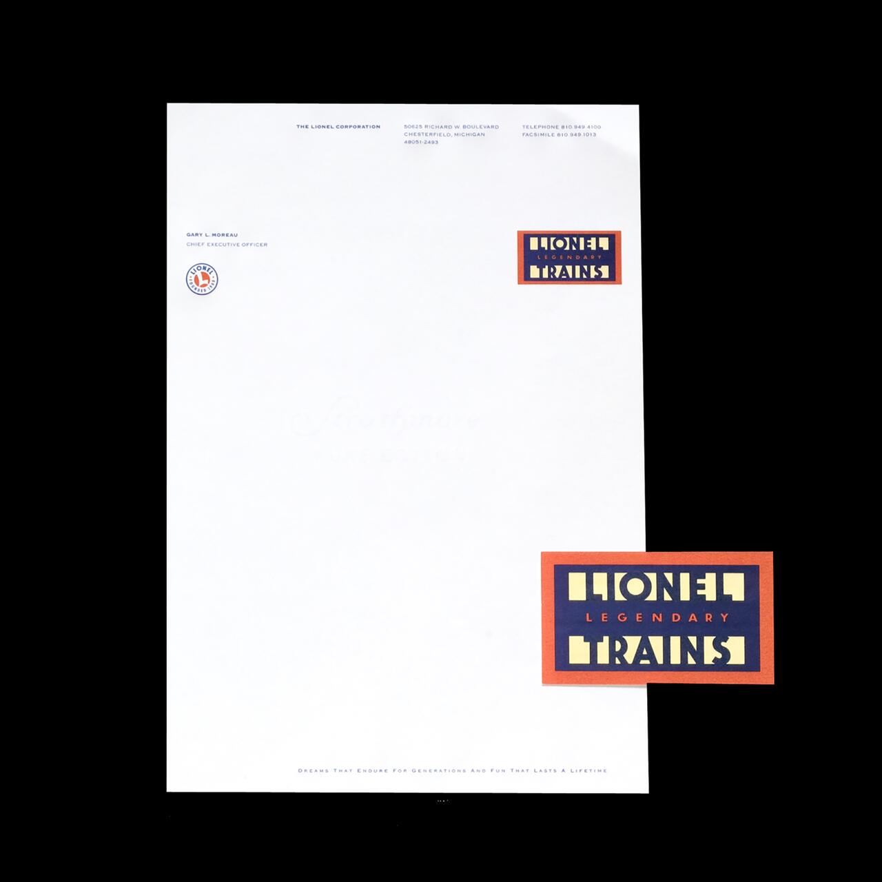 Letterhead paper featuring a corporate logo "Lionel Legendary Trains" in red and navy, with company details at the top and a small emblem on the left.