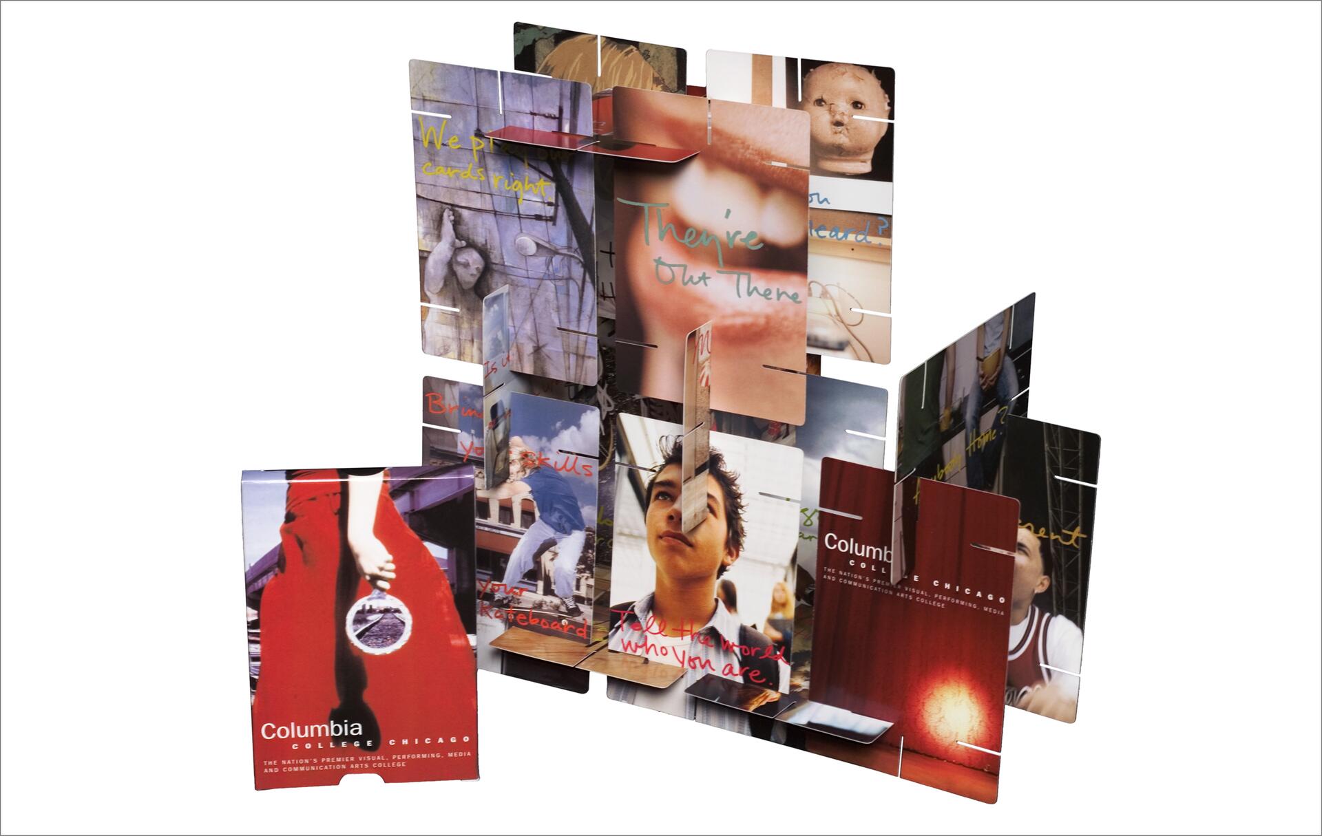 Collage of cut-out images featuring people, architectural elements, and text, arranged in a creative 3D display. Prominent red and orange hues, with some text overlays. Columbia College Chicago name visible.