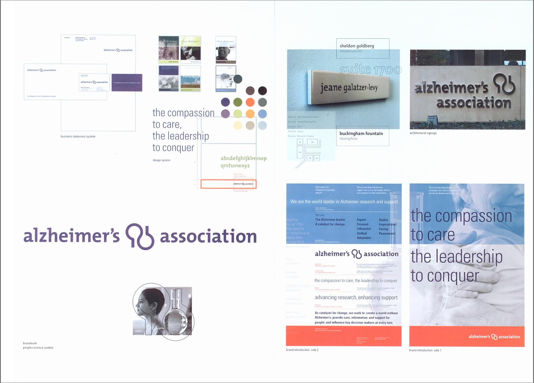 Design system for Alzheimer's Association includes logos, color palettes, typography, stationery, signage, and promotional materials. Features phrases like "the compassion to care, the leadership to conquer."