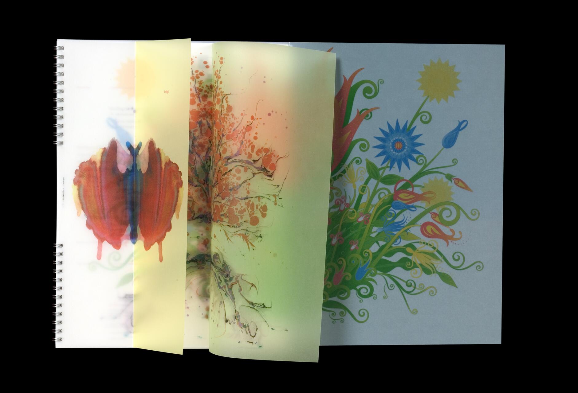 Colorful sketchbook with abstract floral and butterfly designs, featuring layered, semi-transparent pages.