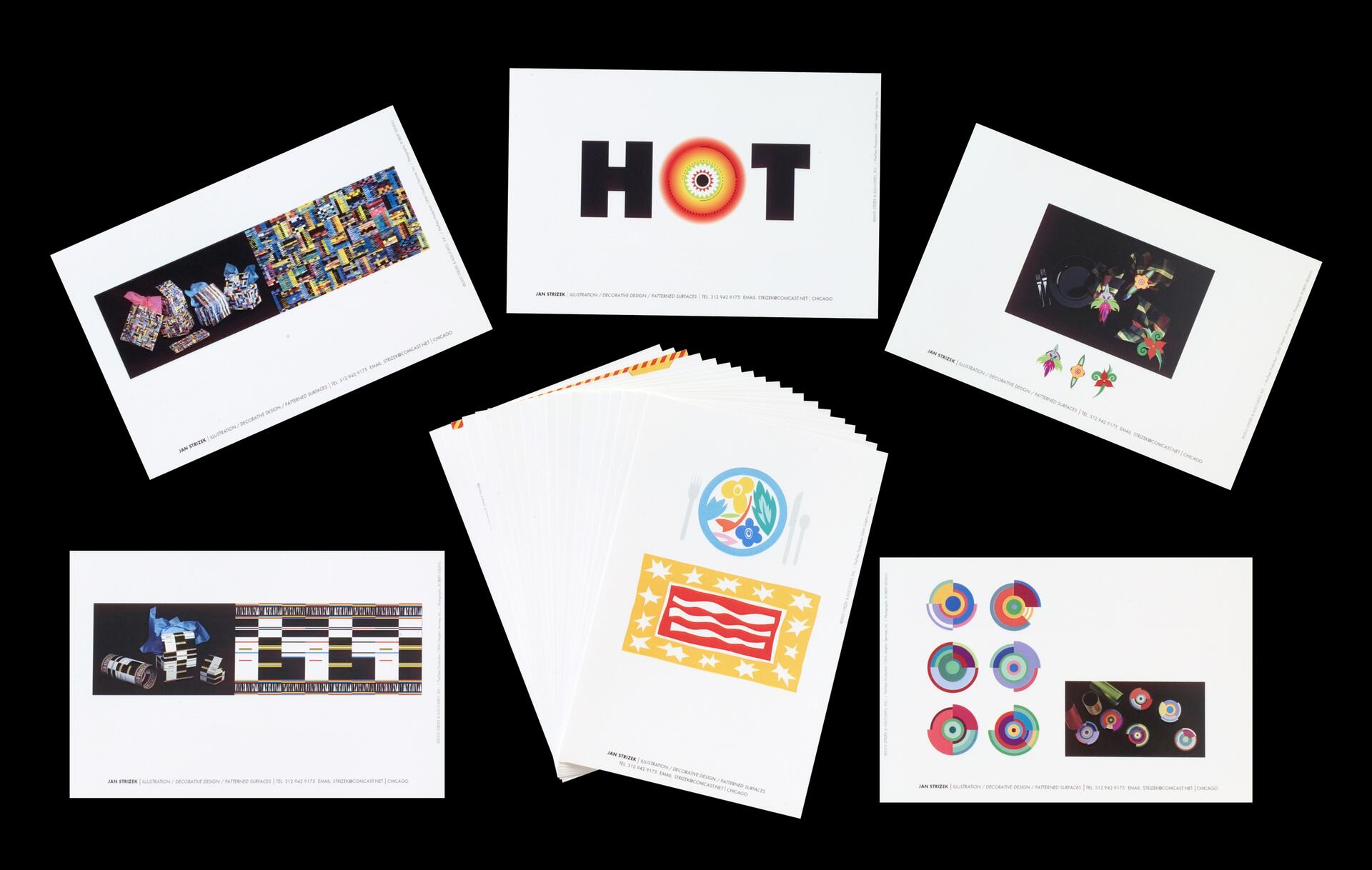 A collection of illustrated cards featuring abstract designs, geometric patterns, and colorful imagery, arranged in a semicircle against a black background.