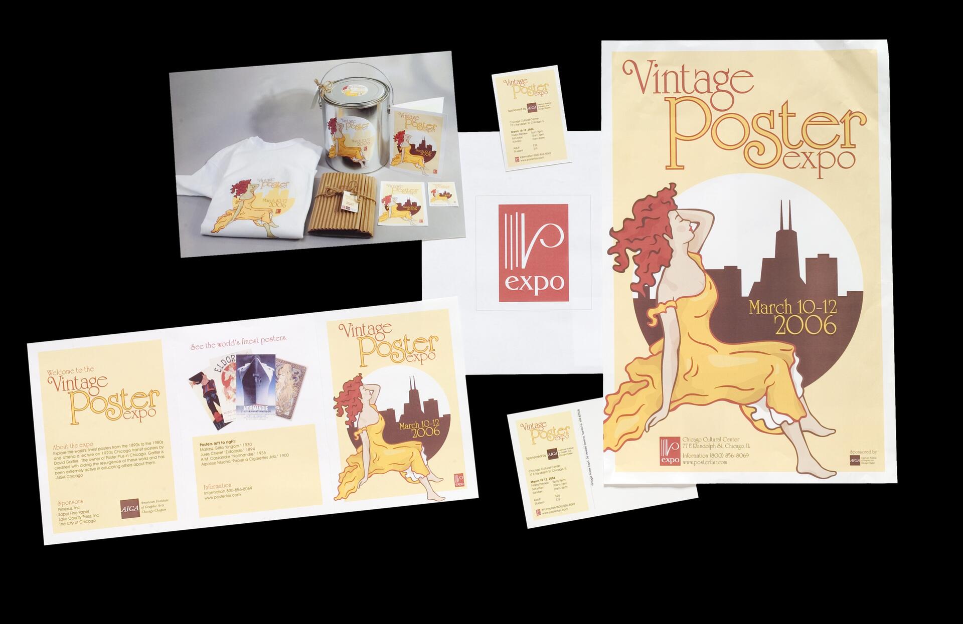 Assorted materials for a Vintage Poster expo featuring a stylized woman in a yellow dress against a city skyline. Includes flyers, a business card, a T-shirt, and a candle in coordinated designs. Date: March 10-12, 2006.