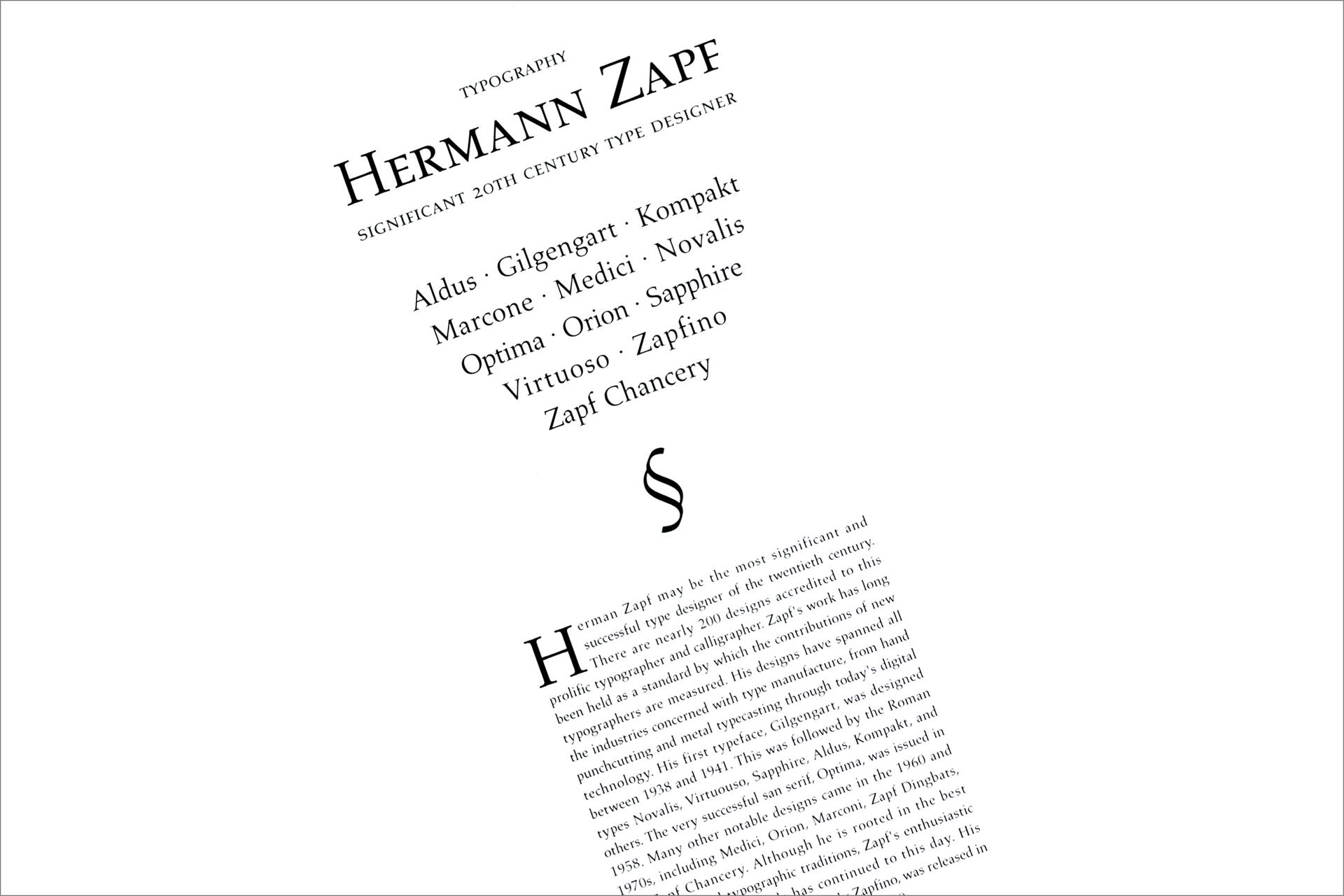 Typography tribute to Hermann Zapf, highlighting his typefaces such as Aldus, Optima, and Zapfino, with angled text discussing his impact as a 20th-century type designer.