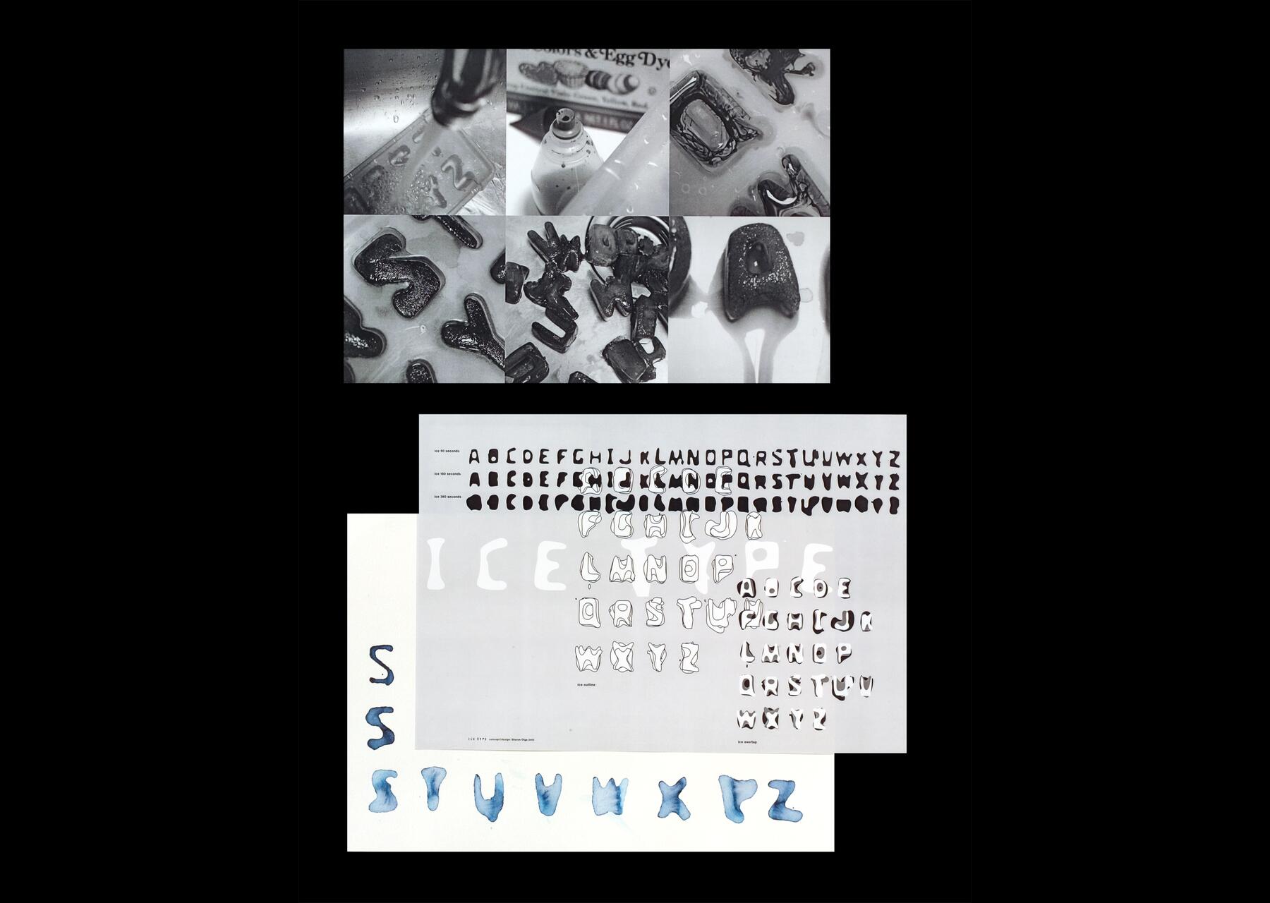 Series of black-and-white and color graphics showing various abstract alphabet designs, including melting-style letters and blue water-like forms, arranged on a black background.