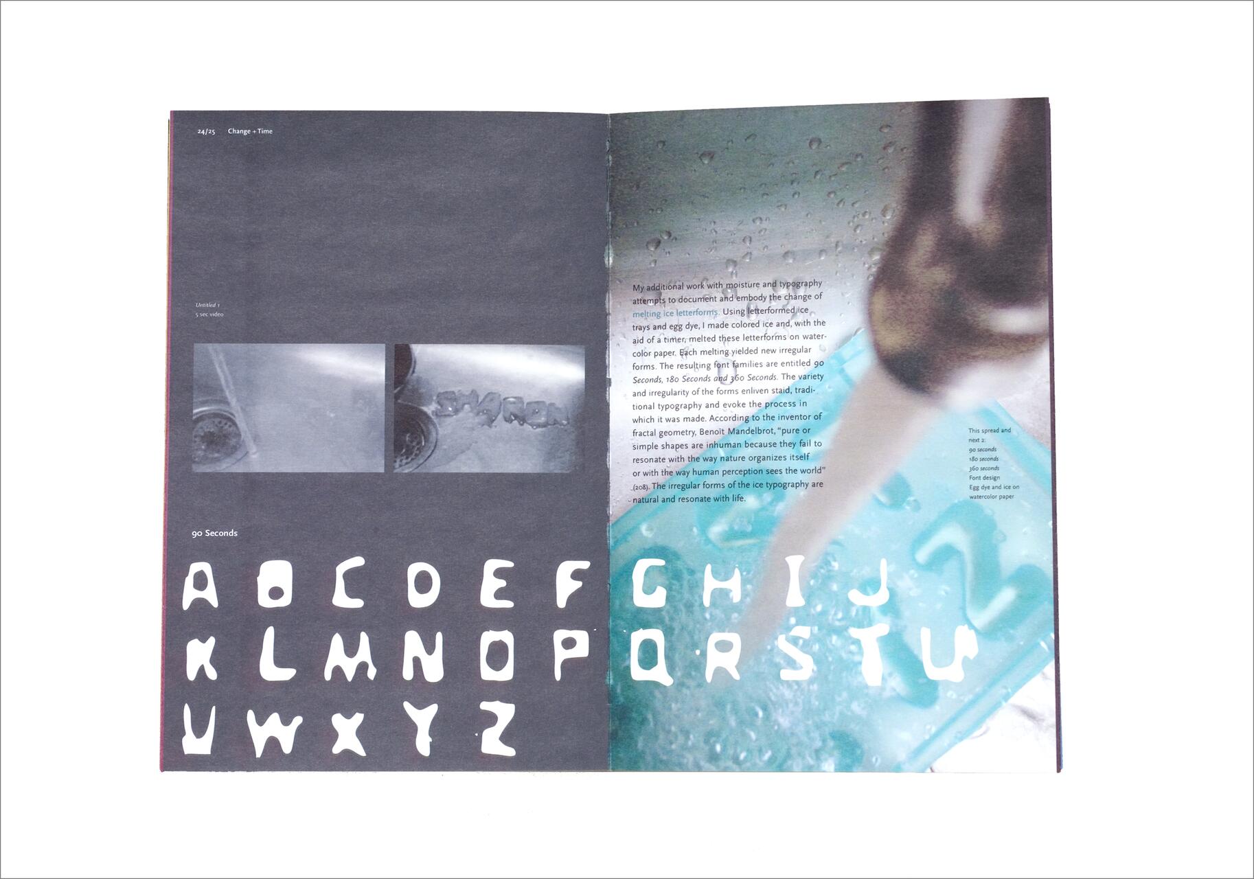 Open booklet with a dark left page featuring abstract shapes and a light right page with a melting ice typography design, showing the alphabet.