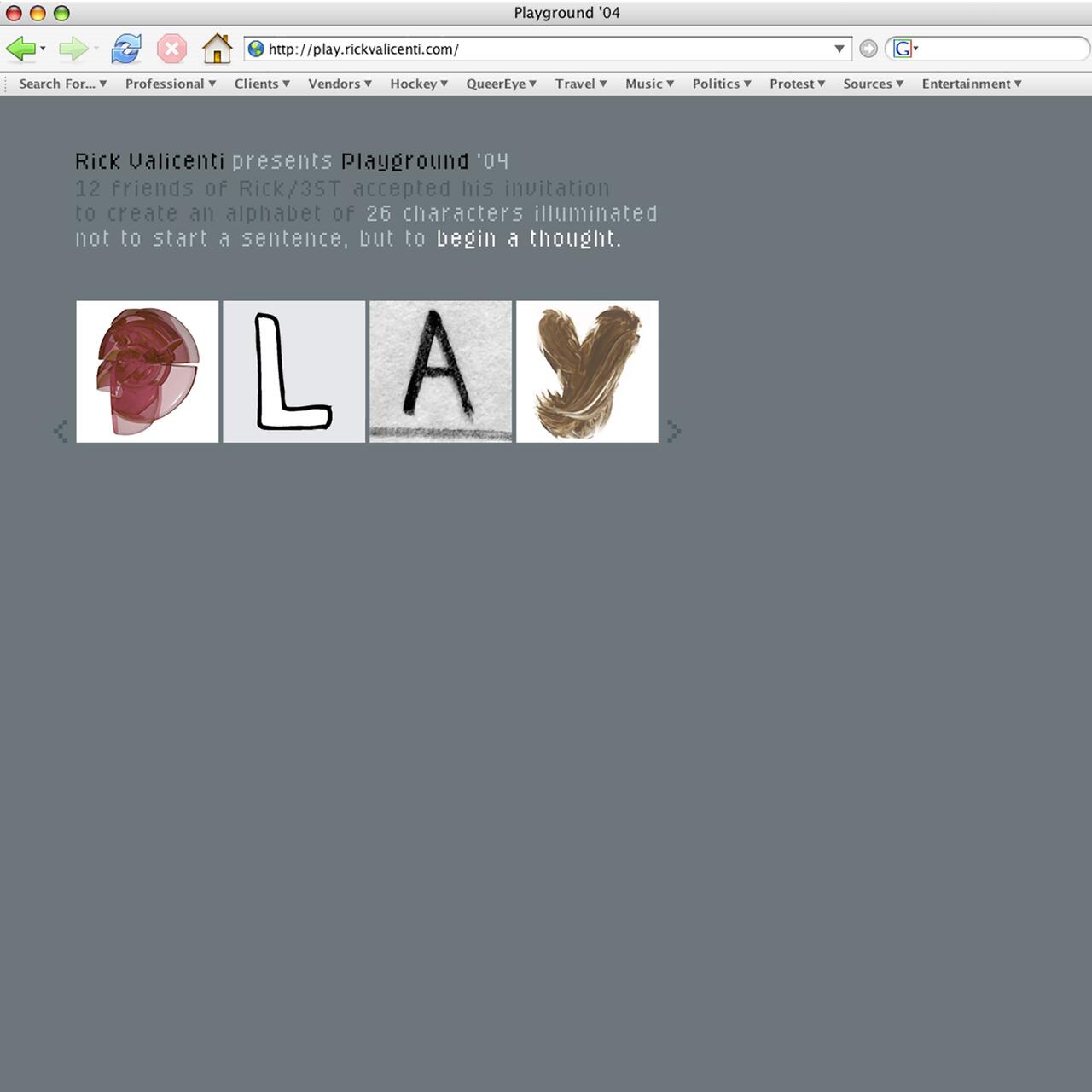 A web page with four artistic letters spelling "PLAY." Each letter is uniquely styled: a red abstract "P," an outlined "L," a textured black "A," and a brushstroke "Y." Upper navigation and text describe a creative project.